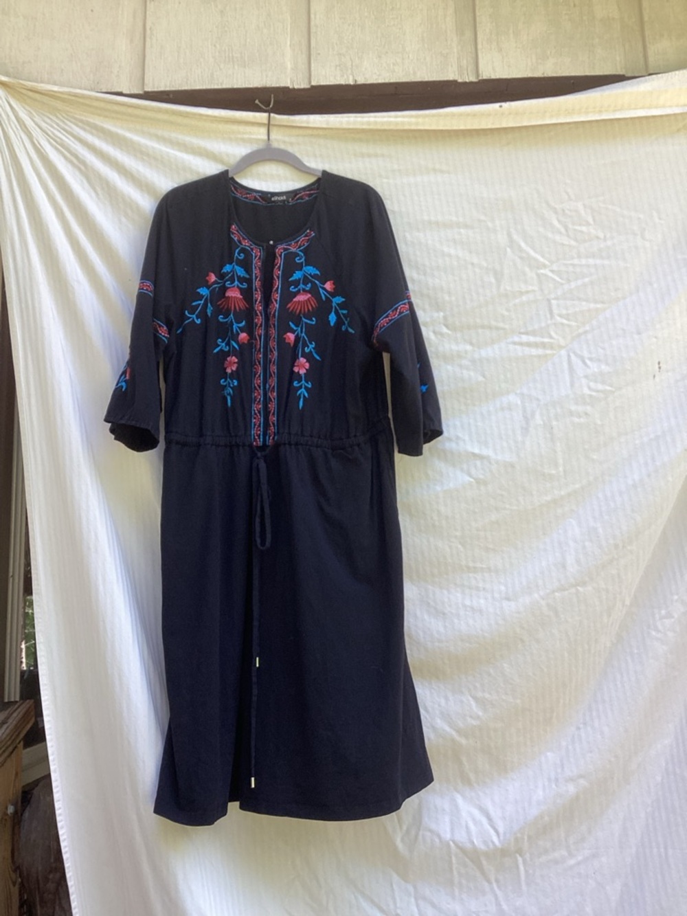 eshakti Black Midi Dress with Blue and Pink Floral Embroidery